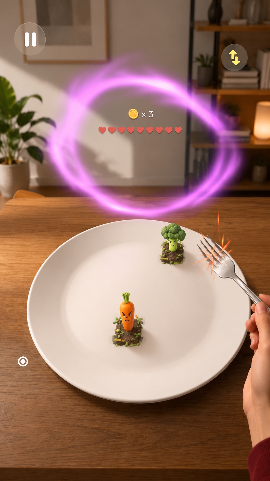 Fork Fighter gameplay with fork piercing a vegetable tank
